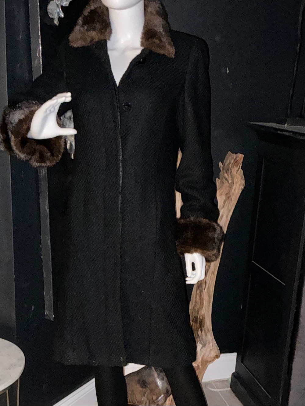 Isaac Mizrahi Black Coat with Brown Fur Trim